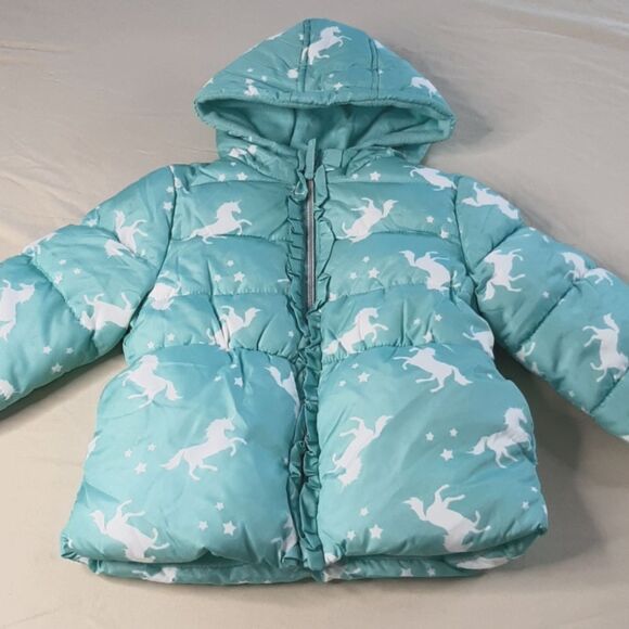 Pink Platinum Sea Foam Green Girls Hooded Puffer Jacket with Unicorns - Picture 1 of 9